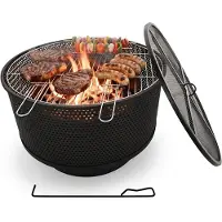 Relaxdays Feuerschale, Ø 61 cm, mit Grillrost, Funkenschutz & Schürhaken, 3 in 1 Feuerstelle Garten, Feuerkorb, schwarz