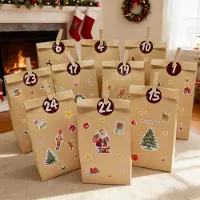 Sonstiges Adventskalender zum Befüllen, 24 Kraftpapiertüten mit Weihnachtsmotiven-Stickern, 9x18cm