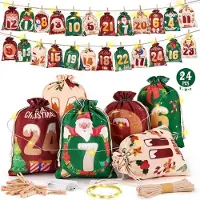 Sonstiges Adventskalender zum Befüllen 2026 mit LED Lichtern, 24 Stoffbeutel, Säckchen mit Holzklammern und Hanfseil, Rot Grün Beige