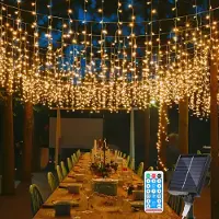 Jayseuw 10M Solar LED Eisregen Lichterkette Innen Warmweiß Lichtervorhang 400 LEDs Eiszapfen Weihnachtsbeleuchtung 8 Modi Weihnachtsdeko Party Garten
