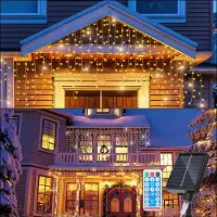 Jayseuw 5M Solar LED Eisregen Lichterkette Innen Warmweiß Lichtervorhang 200 LEDs Eiszapfen Weihnachtsbeleuchtung 8 Modi Weihnachtsdeko Party Garten