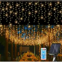 Izrielar 5M LED Solar Lichterkette Außen LED Eisregen 200 LEDs Eiszapfen Lichtervorhang mit Fernbedienung Innen Garten Deko Warmweiß