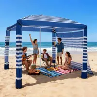 StarTech.com Strand-Cabana - Strandpavillon - Maße 2,4 x 2,4 m - Mit Seitenwand - UPF 50+ UV-Schutz - Mit Sandsäcken - Höhenverstellbar - Tragbar - Marineblaue Streifen