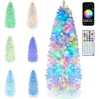 Costway 190 cm Künstlicher Weihnachtsbaum schmal mit 734 PVC-Spitzen, Tannenbaum mit 270 LEDs, Metallständer & Klappsystem, Christbaum weiß