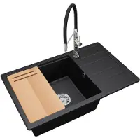 Brado ZIRCON 8010 Granitspüle mit einem Becken und Abtropffläche – Set mit Schneidebrett, Siphon und Küchenarmatur