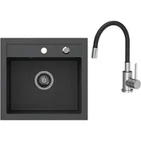Markenlos Granitspüle Beige/Schwarz 46x49 cm - Integrierte Spüle mit Siphon und Exzenterbedienung