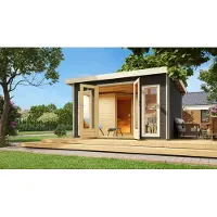 Karibu Holz Gartensauna / Saunahaus "Mainburg 3" terragrau 369 x 369 x 229 cm (B x T x H), 2 Bänke mit Ofen 9 kW + Steuergerät Easy Finnisch mit Klarglastür