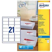 Avery Adressetiketten J8160-25, geeignet für Inkjetdrucker, 63,5 x 38,1 mm, 525 Stück/25 A4-Bogen, 100 % FSC-Papier, weiß