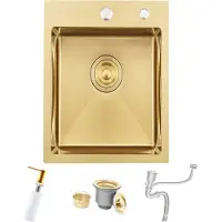 Markenlos Küchenspüle aus Edelstahl 304, 35 x 45 cm, kleine Küchenspüle, Einbauspüle mit 2 Hahnlöchern, Überlauf, Siphon und Seifenspender, 1 Becken, Gold