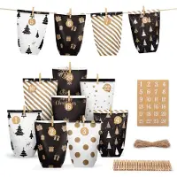 OEM Adventskalender zum Befüllen - 24 Papiertüten mit Zahlenaufklebern, Holzklammern und Juteseil - DIY Bastelset - 8 Designs
