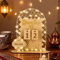 Markenlos Holz-Countdown-Kalender - Mit LED-Lichterkette für 30 Tage - Ramadan und Eid Mubarak Dekoration - 40 x 30 x 10 cm