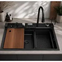 Faizee Home Edelstahlspüle Schwarz 75x46 cm Wasserfall Küchenspüle mit Multifunktionsarmatur Siphon Set