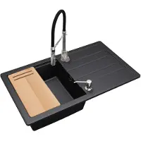 Brado Granitspüle ZIRCON 7010 | 1 Becken | mit Holzschneidebrett, Siphon und Vento Küchenarmatur