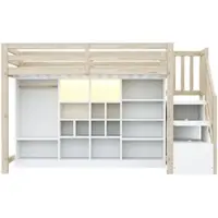 STILVORA Hochbett 90x200 cm mit Stauraumschränken und mehreren Fächern, Kinderbett mit Kleiderschrank und LED-Beleuchtung, Etagenbett Holzfarbe mit Seitenleiter und Stauraum