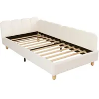 STILVORA Kinderbett 90 x 200cm, Polsterbett mit und gepolstertes, Einzelbettmit Kopfteil und Rausfallschutz, Bettbeine aus Massivholz, bouclé, beige