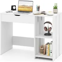 Costway Computertisch mit anhebbarer Platte, moderner Schreibtisch fürs Büro mit verstecktem Fach und 2 offenen Ablageflächen, PC-Arbeitsplatz weiß