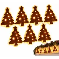 Slyrun LED Weihnachtsdeko Weihnachtsbaum, 7-teiliges 3D Holz Weihnachtsbaum Wanddeko Set, warmweiß beleuchtet, selbstklebend, Weihnachtsbeleuchtung