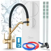 ARI 3-Wege-Küchenarmatur Mit Umkehrosmose-Wasserfiltersystem Magneto, Keramikkartusche, Messing, Perlator, 360 Grad Schwenkbar, Gebürstetes Gold