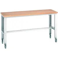 Bott Werkbank Cubio, 4 Lenkrollen, höhenverstellbar, Buche-Multiplexplatte, B 2000 x T 750 mm, bis 300 kg, lichtgrau RAL 7035