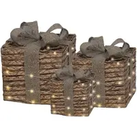 Lumineo Warmweiß 65 Micro-LED Set mit 3 Geschenkboxen aus Jute mit Schleife, braun