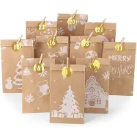 Markenlos Adventskalender zum Befüllen - 24 Papiertüten mit Zahlenaufklebern und Holzklemmen - Bastelset für Kinder und Erwachsene - Motiv Cozy Winter Weiß