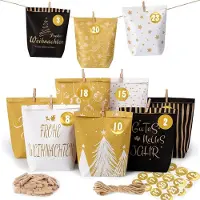 Markenlos Adventskalender zum Befüllen - 24 Papiertüten mit Zahlenaufklebern und Holzclips - Bastelset für Adventskalender