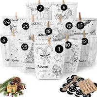 OEM Adventskalender zum Selbstgestalten – 24 Papiertüten mit 12 verschiedenen Designs – DIY-Set inklusive Zahlenaufkleber, Holzklammern und Schnur
