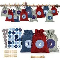 OEM Adventskalender zum Befüllen - 24 Stoffbeutel mit Adventszahlen-Aufklebern - DIY-Weihnachtskalender - Rot Blau Grau