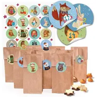OEM Adventskalender Beutel aus Papier - 24 Stück zum Befüllen mit Tier Motiv Aufklebern - 7 x 4 x 20,5 cm