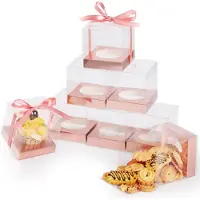 Markenlos Tortenbox - 10 Stück transparente Boxen mit Basis und Band - 9 x 9 x 9 cm - Roségold
