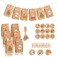 OEM Adventskalender zum Befüllen - 24 Papiertüten mit 24 Holzklammern, 24 Nummernaufklebern und Juteseil - DIY Set zum Selbstbefüllen und Dekorieren