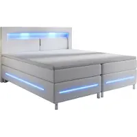 Juskys Boxspringbett Norfolk 200 x 200 cm – LED Beleuchtung, Bonell-Matratzen, Topper & Kunstleder – 66 cm Komforthöhe – Weiß – Bett Doppelbett
