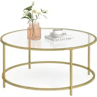 Vasagle Couchtisch mit goldenem Eisengestell Ø84 x 45,5 cm rund Glastisch robustes Hartglas Sofatisch stabil Wohnzimmertisch dekorativ Gold LGT21G