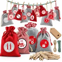 Slyrun DIY Adventskalender zum Befüllen, 24 Stoff-Säckchen, wiederverwendbarer Weihnachtskalender mit Holzklammern, Zahlen 1–24 & Schnur