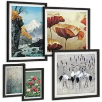 Tulup BILDER SET 5er Set - 50x50 cm & 20x30 cm & 40x60 cm Schwarzer Rahmen - Tropische Pflanzen, Pflanzenliebhaberin