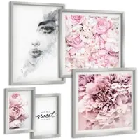 Tulup BILDER SET 5er Set - 50x50 cm & 20x30 cm & 40x60 cm Silberner Rahmen - Pfingstrosenporträt einer Frau zu Hause