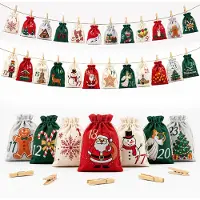 OEM Adventskalender zum Befüllen - 24 Stoffbeutel mit Holzklammern und 10m Schnur - Set für Weihnachtskalender - Rot Grün Grau
