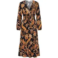 Apricot Midikleid "Wadenlanges Kleid mit Blumen", Damen, Gr. 8, N-Gr, gewebt, bunt (schwarz), gewebt, , Modisch, normal, V-Ausschnitt, Elastische Bündchen, Kleider Midikleid, mit Smokdetails
