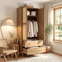 MODFU Kleiderschrank 80 x 50 x 180 cm, Mehrzweckschrank Hochschrank mit Kleiderstange, Aufbewahrungsschrank mit 2 Schubladen und Rattan-Optik, Natur+Walnuss