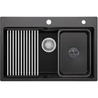 CECIPA Granitspüle mit Stufe 70x46 cm, Quarzkomposit Küchenspüle schwarz, Spülbecken Set mit Rollrost, Becken-in-Becken, Einbauspüle, MAX Spüle