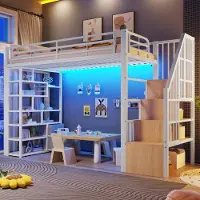 ALFORIGO Hochbett 90 x 200 cm mit LED, integrierten Stufen, Ablagefächern und 2 Stoffschubladen, Schutzgeländer, Metall & MDF, Weiß