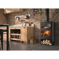 Panadero Faro Eck-Holzofen Ecodesign, 6,9 kW – Dreifachverbrennung mit Clean-Glass, 150 mm Abgasstutzen, bis 210 m³, gusseiserne Tür/Schaufenster, 60 cm Scheitholz, schwarz metallisiert
