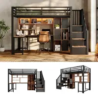 ALFORIGO Hochbett 90x200 cm mit Schreibtisch, Stauraumtreppe, Regalen & Schränken, LED per Touch/App, Metall + MDF, 120 kg, ohne Matratze, Schwarz