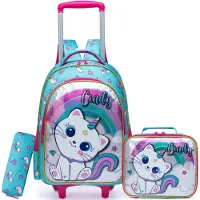 Merkloos Kinderrucksack Trolley 42 x 30 x 20 cm, 2 Rollen, blaue Katze, für Schule, inklusive Brotdose und Etui