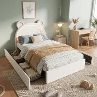 Flieks Kinderbett 90x200cm mit Kopfteil in Bärenform, Polsterbett Einzelbett mit Led, Jugendbett Stauraumbett mit 4 Schubladen, Samt, Beige