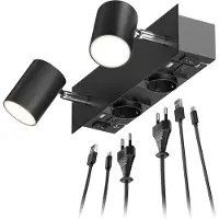 Ledscom.de Wandspot WAIKA, 2-flammig, schwarz, Steckdosen, USB-C, USB-A, inkl. LED GU10 Lampen, 3-Stufen-Dimmer, je 500lm, warmweiß – 2-flammig / 500lm (5,8w) / 3-stufen-dimmer / Lichtfarbe: Warmweiß,