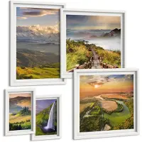 Tulup BILDER SET 5er Set - 50x50 cm & 20x30 cm & 40x60 cm Weißer Rahmen - Grüne Hügel mit einer Burg