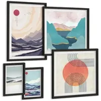 Tulup BILDER SET 5er Set - 50x50 cm & 20x30 cm & 40x60 cm Schwarzer Rahmen - Farbenfrohe Muster der Japandi-Flussberge