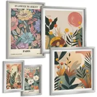 Tulup BILDER SET 5er Set - 50x50 cm & 20x30 cm & 40x60 cm Silberner Rahmen - Blumenposter Weinstadt