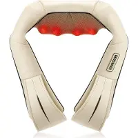 Unyqoos Shiatsu-Massagekissen mit Wärme – Tiefen-Knetmassage (8 Massageköpfe, 3 Stufen) für Nacken, Schultern, Rücken & Taille, Auto/Bürostuhl, Beige